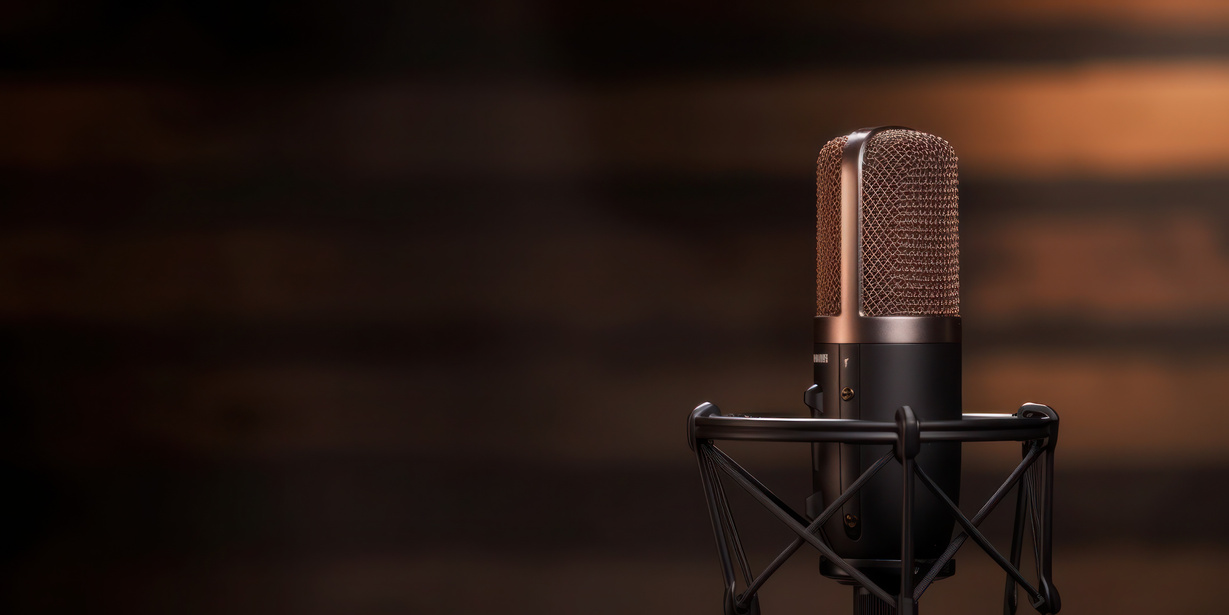 Studio Podcast Microphone on Dark Brown Background